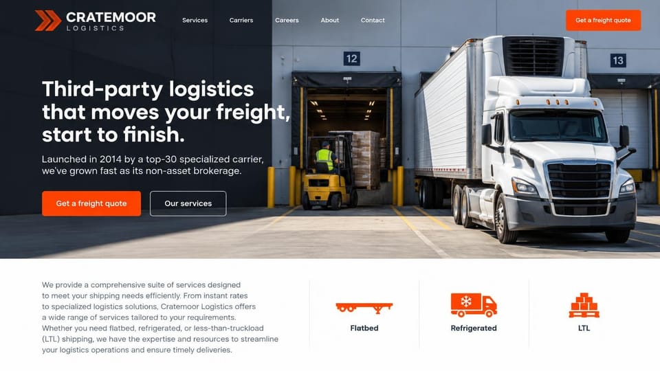 Logistics website design, non-asset brokerage with trailer type icons: dark hero with a white semi and refrigerated trailer at a dock and a forklift in the door, white headline, orange buttons, orange trailer icons on white below