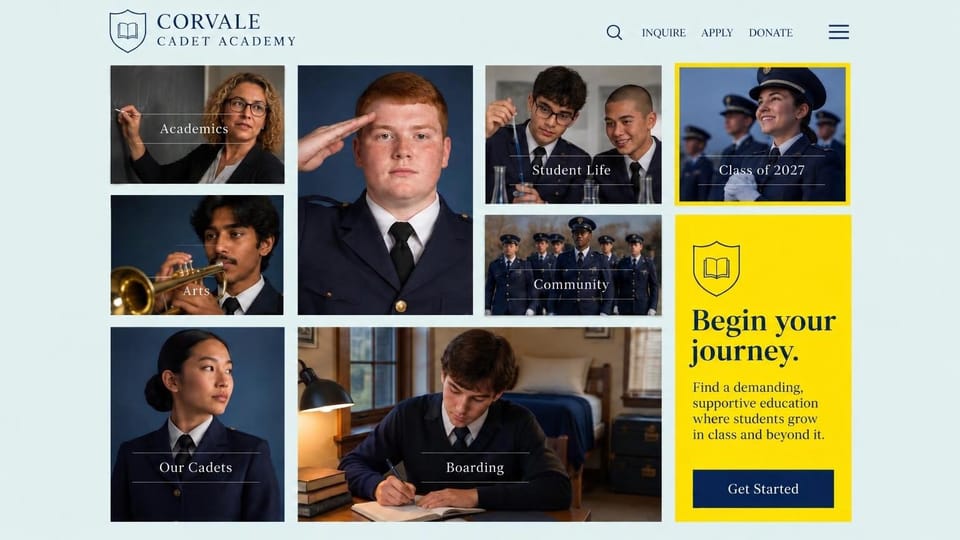School website design, military academy in a photo grid with a yellow panel: pale blue page, a grid of uniformed cadet photos with white serif labels and a bright yellow panel with a navy button