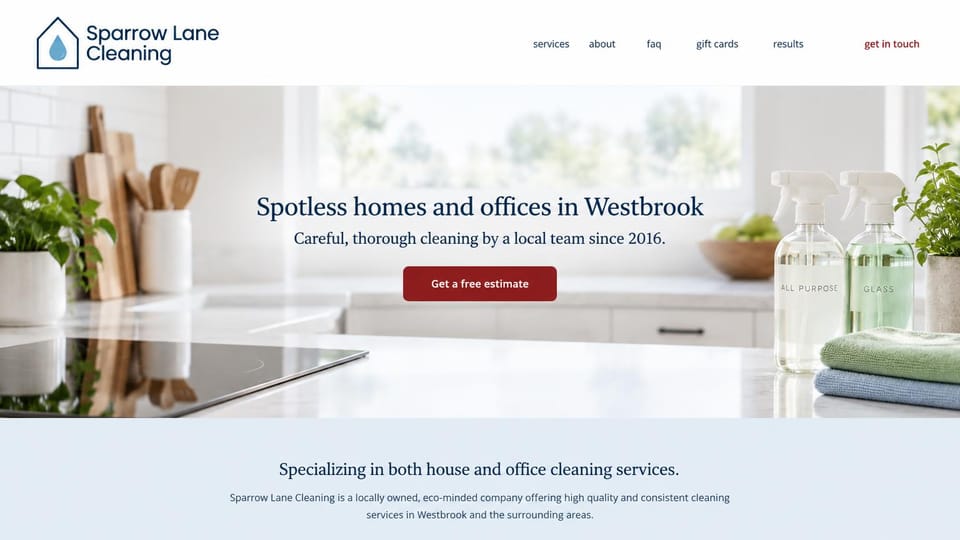 Cleaning service website design, homes and offices, calm and local: white header, a navy serif headline centered over a bright kitchen with glass spray bottles, a deep red estimate button