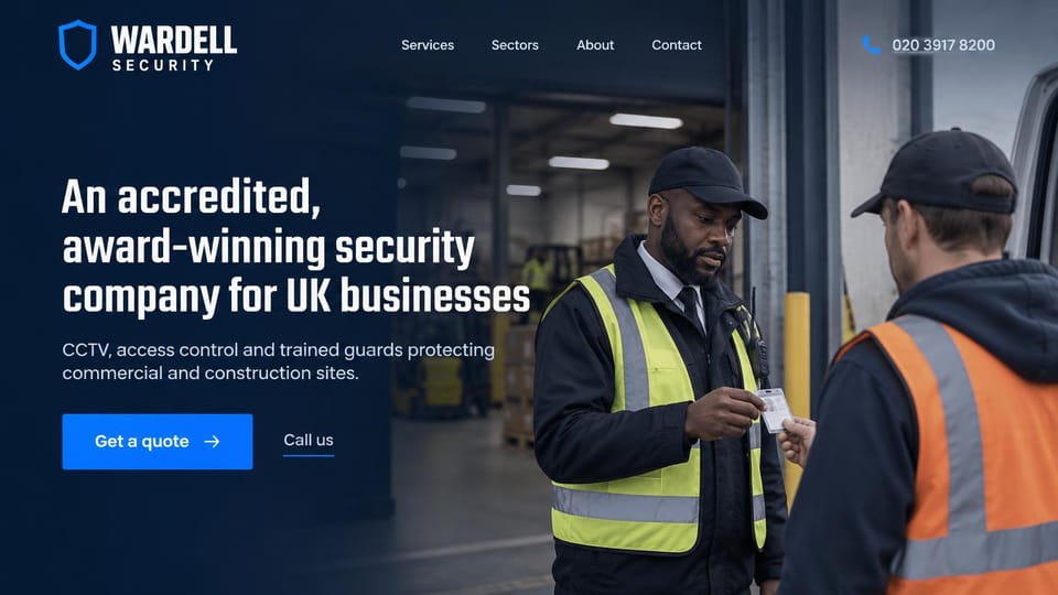 Security company website design, cCTV, access control and guards for commercial sites: dark navy page, a white condensed headline and a blue button, an officer in a hi-vis vest checking a worker's pass at a warehouse loading bay