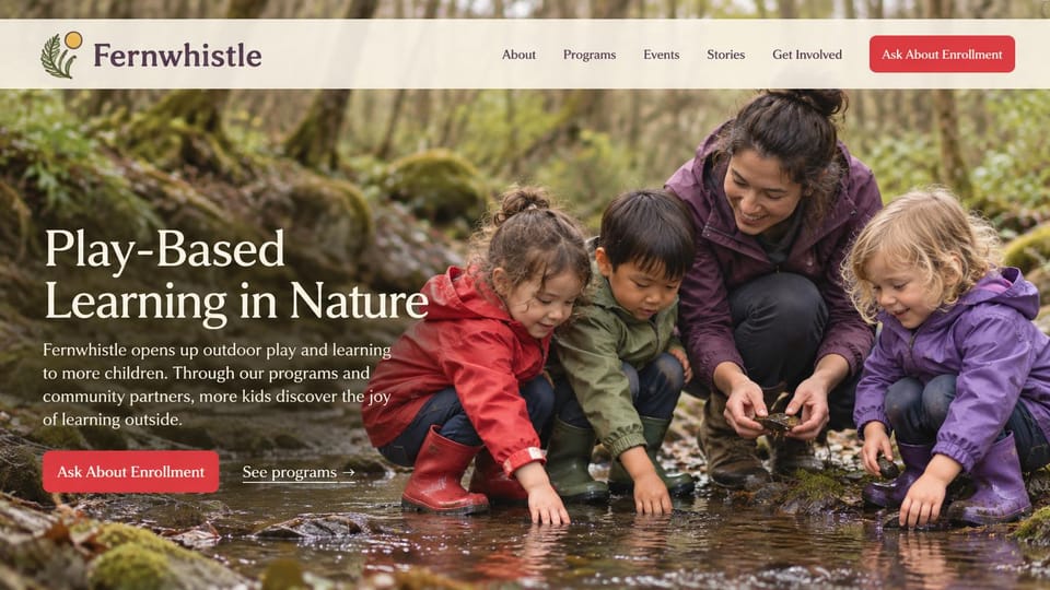 Daycare website design, nature program with children in a woodland stream: full-width photo of a teacher and three children in rain jackets exploring a woodland stream, a cream header, a white serif headline and red buttons