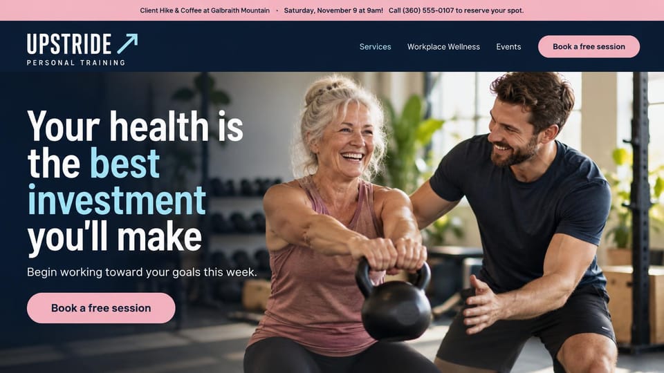 Personal trainer website design, personal training with a client events bar: pink top bar, navy page, a condensed white and light blue headline, a pink session button, a laughing older woman holding a kettlebell beside her trainer