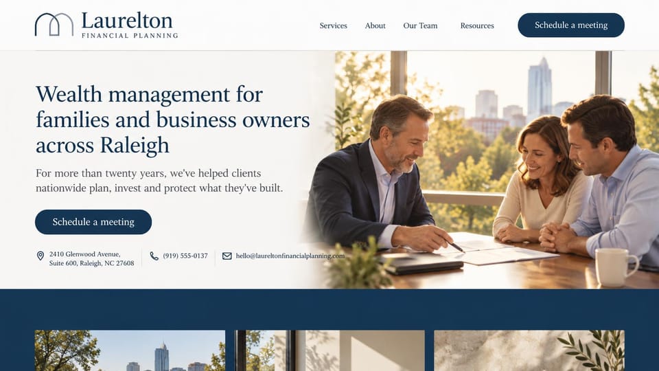 Financial advisor website design, local wealth firm with contact details up front: white page, a navy serif headline, a navy pill button, a row of address, phone and email, a man advisor meeting a couple with a city skyline behind and a navy band below
