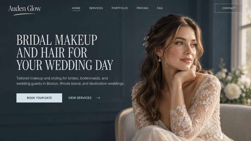 Makeup artist website design, bridal makeup in tall condensed type: deep navy page, tall ivory condensed serif capitals beside a portrait of a smiling bride, a pale blue button