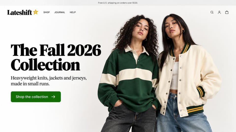 Fashion website design, varsity jackets and rugby shirts on white: white page, a heavy black serif headline and a green button beside two young women in a green and cream rugby shirt and a cream varsity jacket