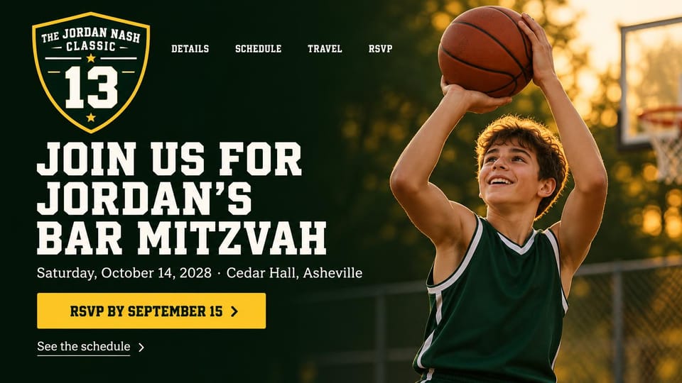 Event website design, basketball bar mitzvah with a team crest: dark green photo of a smiling boy in a green jersey shooting a basketball at sunset, gold-edged shield crest, white block headline, yellow RSVP button