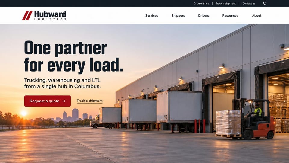 Logistics website design, trucking, warehousing and LTL from one hub: white header, a warm photo of a warehouse with trailers at its doors and an orange forklift, black condensed headline, dark red quote button