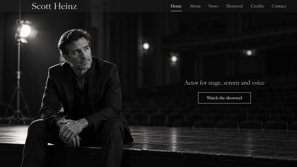 Actor website design, stage actor in an empty theater: black and white photo of a man sitting on the edge of a stage in an empty theater, a white serif name and an outlined button