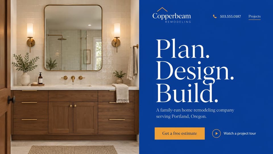 Remodeling website design, family-run remodeler in royal blue: a bathroom with a walnut vanity and brass mirror on the left, a royal blue panel with a large white serif headline and an orange estimate button