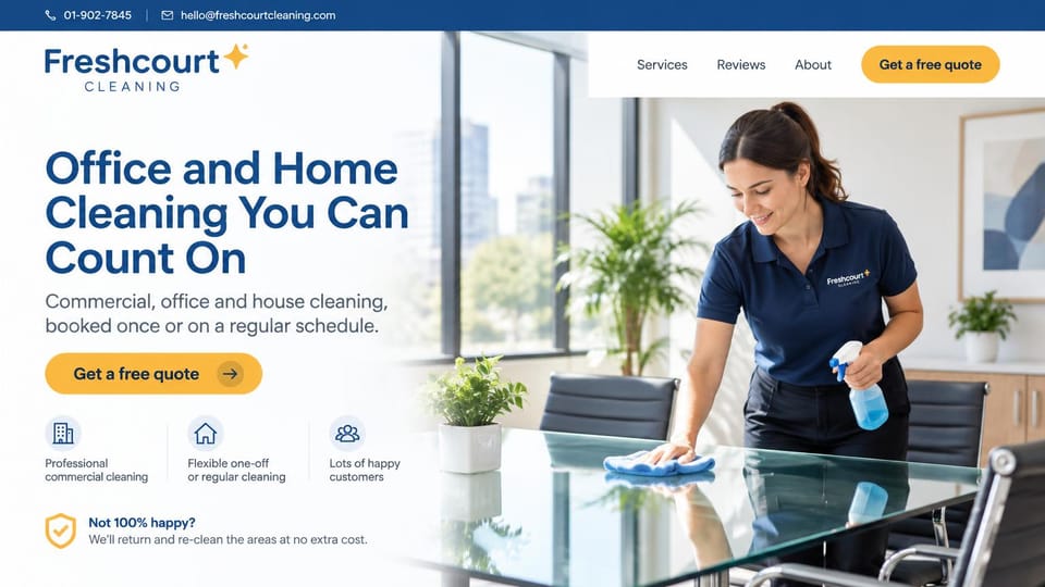Cleaning service website design, office and home cleaning at the conference table: white page, a blue headline, a yellow quote button and a cleaner in a navy polo wiping a glass conference table