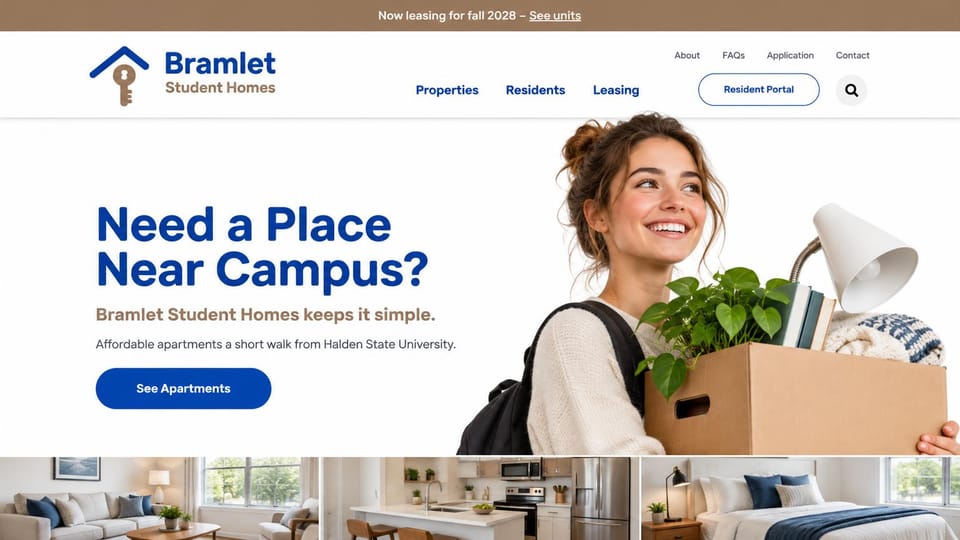 Apartment website design, student rentals from a local landlord: tan leasing banner, white header with a house and key logo, a bold blue question as the headline, a smiling student holding a moving box, three room photos below