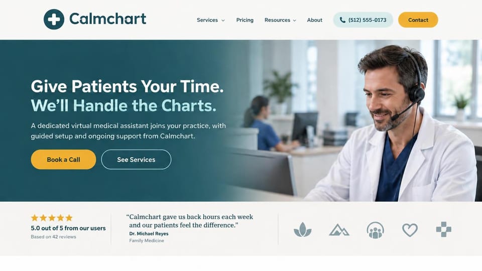 Virtual assistant website design, virtual medical assistants for busy practices: deep teal panel fading into a photo of a doctor in a headset at a computer, a pale teal headline, a yellow call button and a review and quote strip below