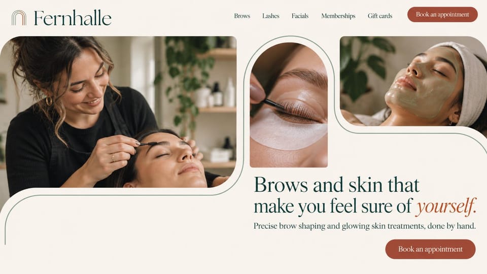 Salon website design, brow and lash studio with arched photos: cream page with arched photos of brow shaping, a lash lift and a facial, terracotta booking buttons