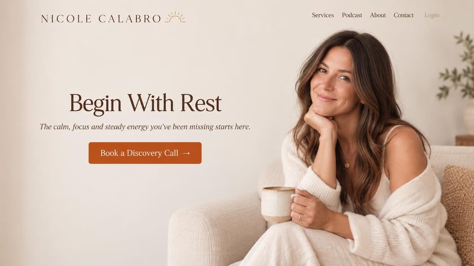Coaching website design, wellness coaching that starts with rest: warm cream page, a centered serif headline, an orange button and a coach relaxing with a mug