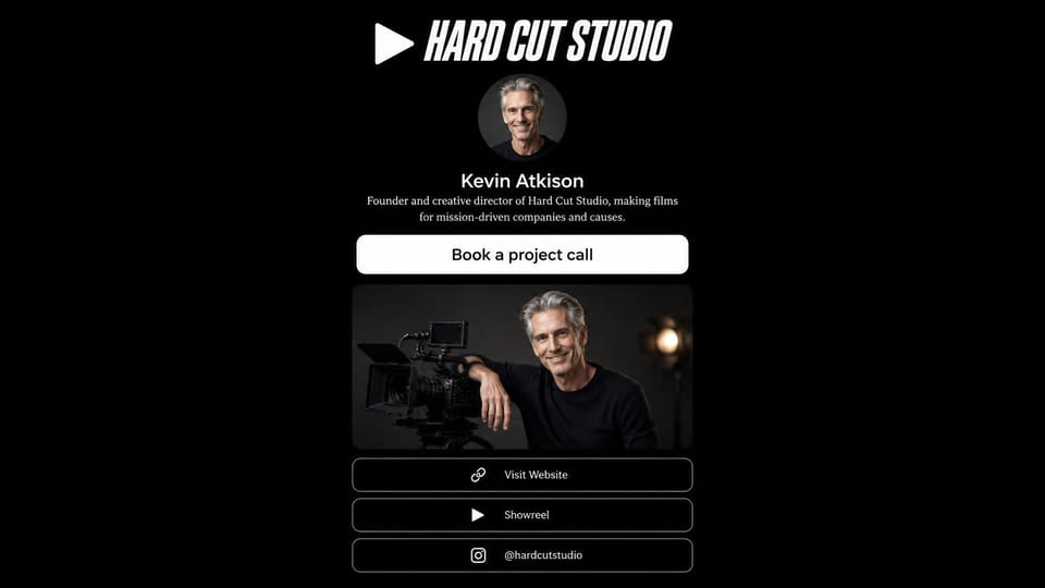 Personal website design, filmmaker's link page in black: black page, a bold italic logo, a circular portrait, a white button and a photo of a man with a cinema camera