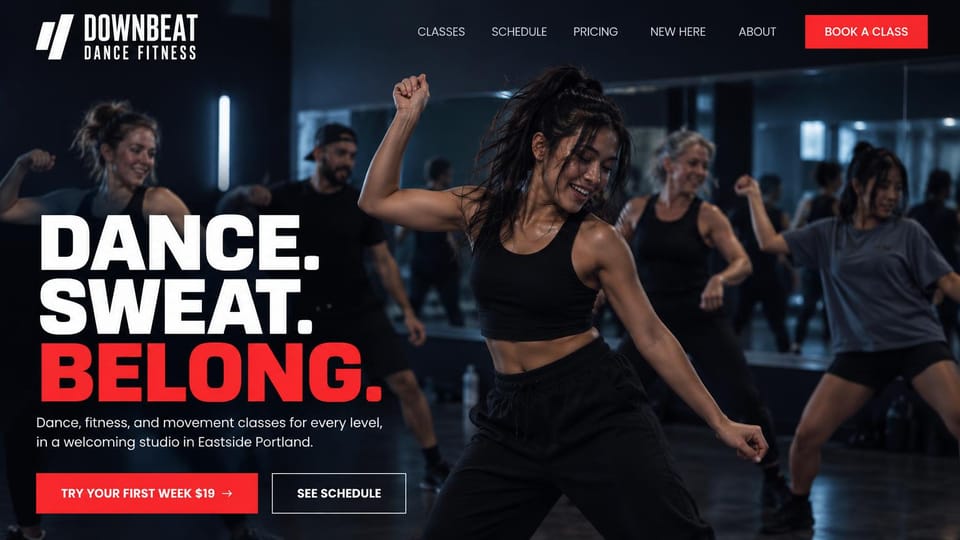 Fitness website design, dance fitness in loud, bold type: dark blue studio, dancers mid-move, a giant stacked white and red headline