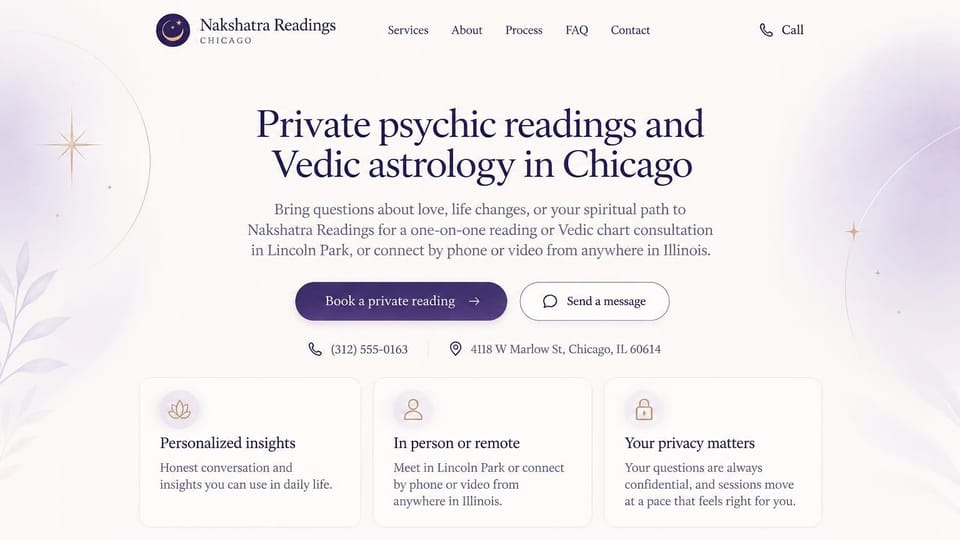 Astrology website design, psychic readings and Vedic astrology in one city: white and lavender page with botanical line art, a centered navy serif headline, a purple button and an outlined message button, three cards below