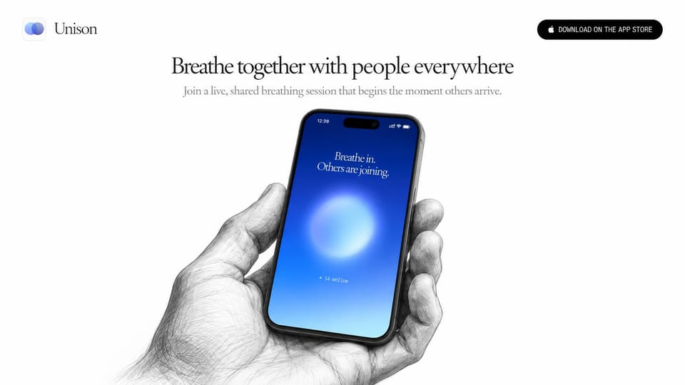 Mobile app website design, breathing app with a sketched hand: white page, thin serif headline and a pencil sketch of a hand holding a phone with a blue glow