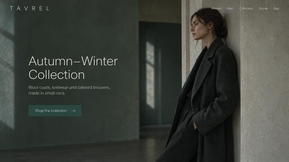 Fashion website design, long wool coats in a dim green room: dim green-gray room, a woman in a long charcoal coat leaning on a pale pillar, a spaced white logo, a thin white headline and a dark teal button