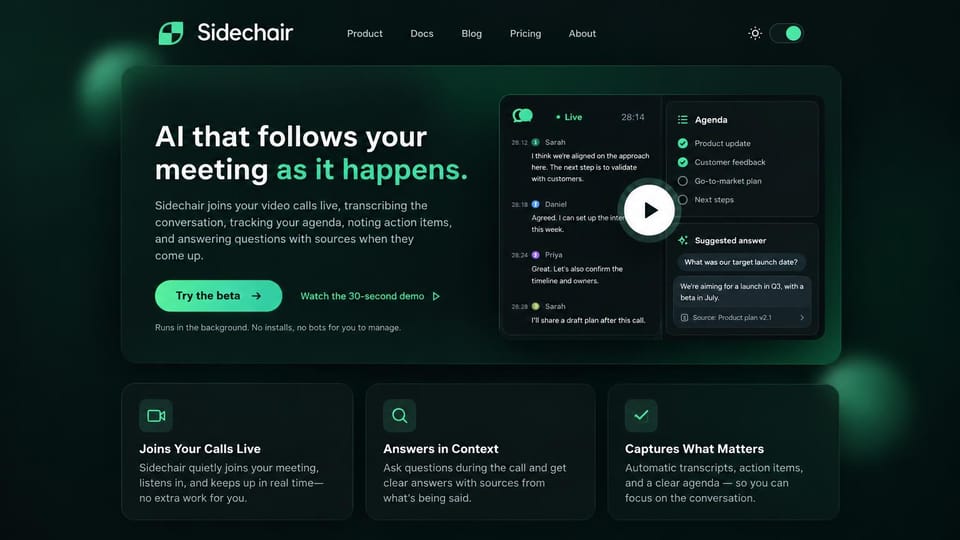 AI startup website design, meeting assistant with a live transcript: deep green page with a glowing card, a white and mint headline, a mint beta button, a transcript with a play button and three feature cards