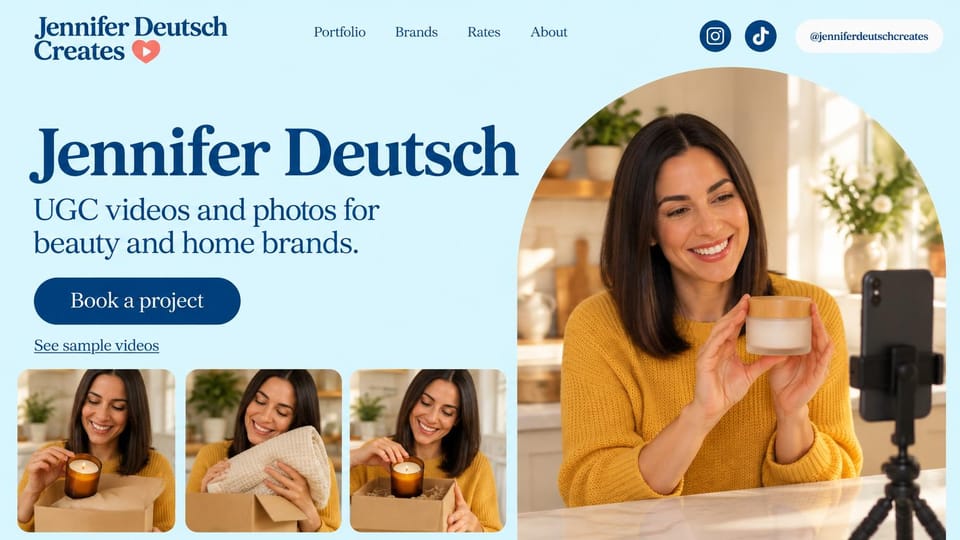 UGC portfolio website design, beauty and home UGC with unboxing clips: pale blue page, navy serif name and button, an arched photo of a woman holding a jar, three unboxing photos below