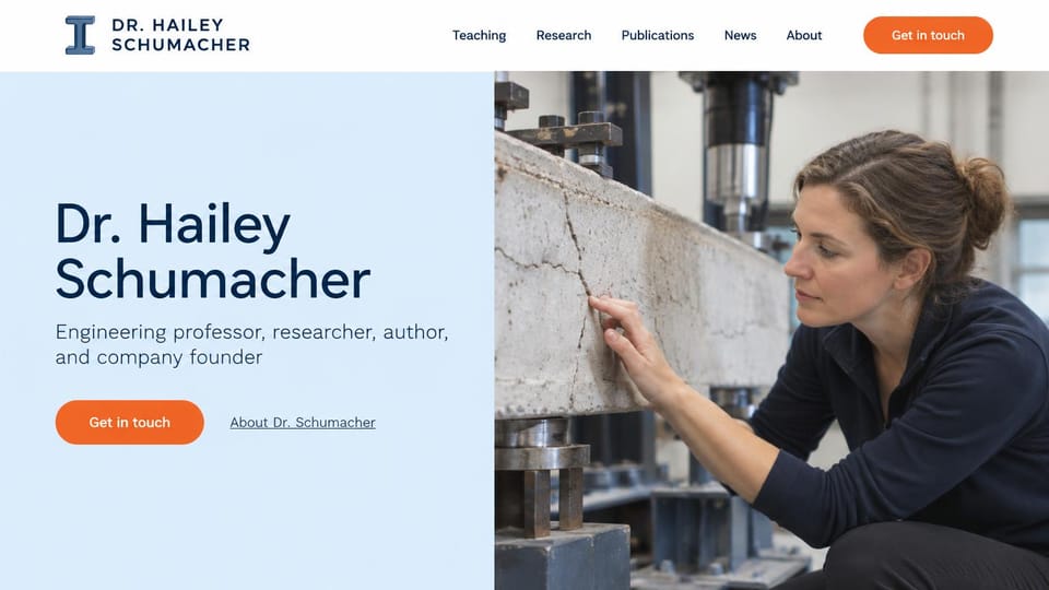Resume website design, engineering professor with a lab photo: white menu bar, a pale blue panel with a large navy name, an orange get in touch button and a photo of a woman examining a concrete beam in a test rig