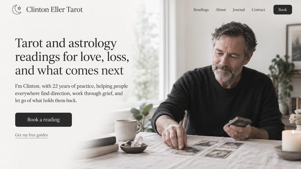 Astrology website design, tarot and astrology for grief and change: white page, a black serif headline and a black button beside a gray-bearded reader laying cards on a pale table