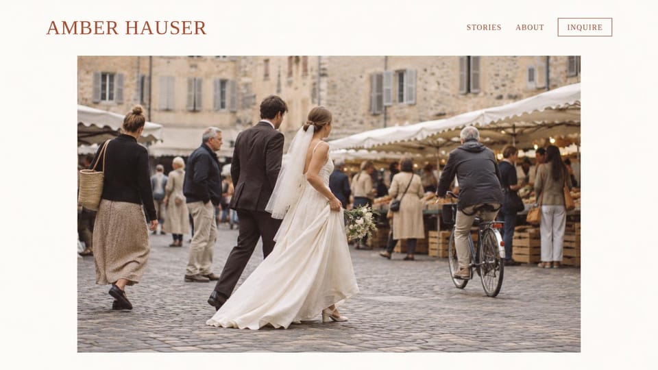 Wedding photographer website design, documentary wedding photographer, name and one photo: cream page, a rust serif name and three menu links above a framed photo of a couple walking through an outdoor market