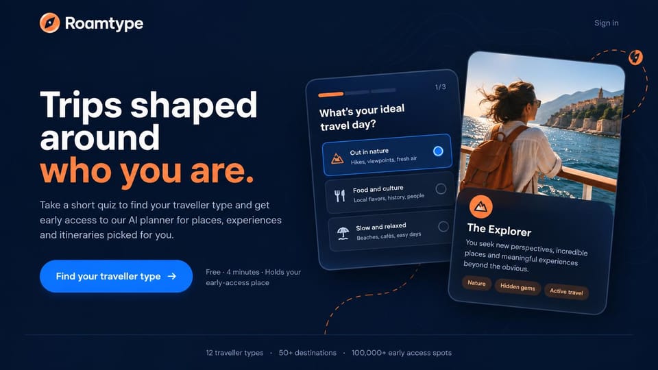 Landing page website design, travel quiz that collects early signups: dark navy page, white and orange headline, stacked quiz and result cards with a traveler photo, blue button