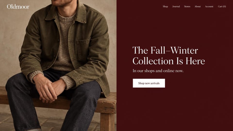 Fashion website design, menswear with a deep burgundy headline panel: split hero of a man cropped at the chin in an olive chore jacket and jeans on a bench and a deep burgundy panel with a cream serif headline and a white button