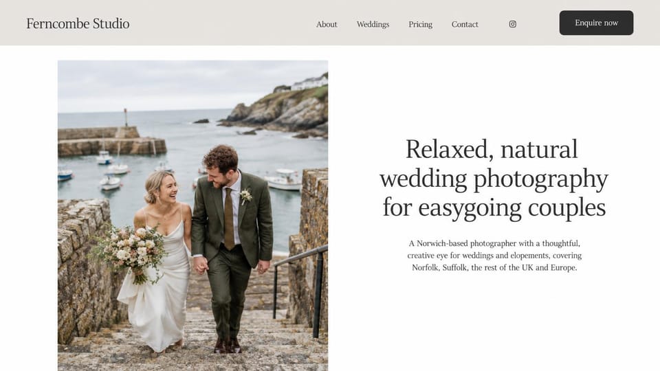 Wedding photographer website design, easygoing wedding and elopement photographer with a framed photo: pale gray header with a dark button, a framed photo of a couple walking up stone harbor steps and a centered dark serif headline on white
