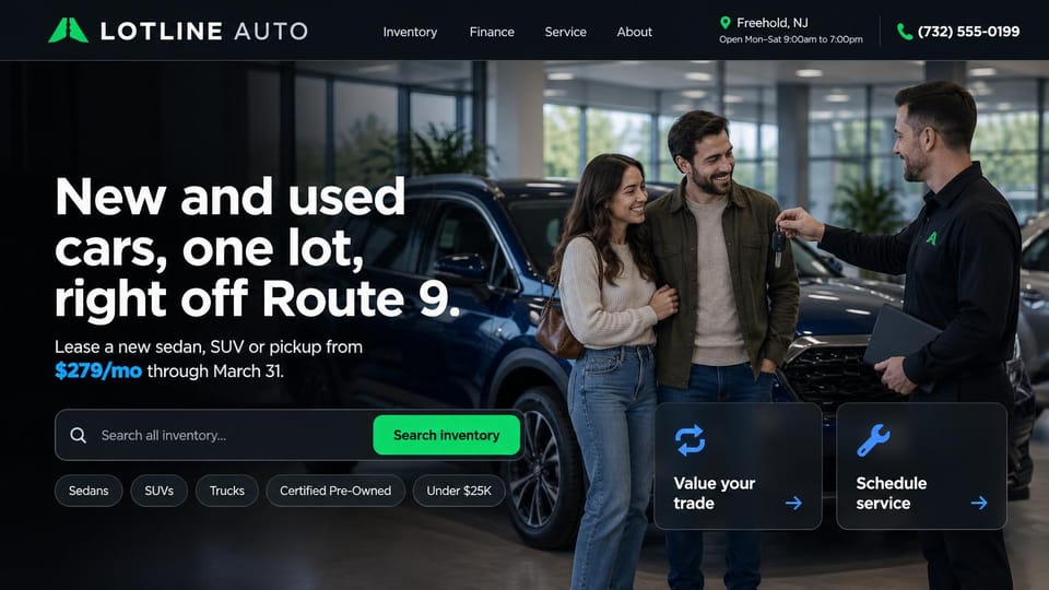 Landing page website design, new and used lot with a lease offer: dark showroom, a salesman handing keys to a couple beside a navy SUV, white headline, green search button and filter chips