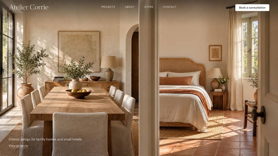 Interior design website design, homes and small hotels, side by side: two sunlit photos side by side, a dining room and a bedroom with terracotta floors, a white serif logo