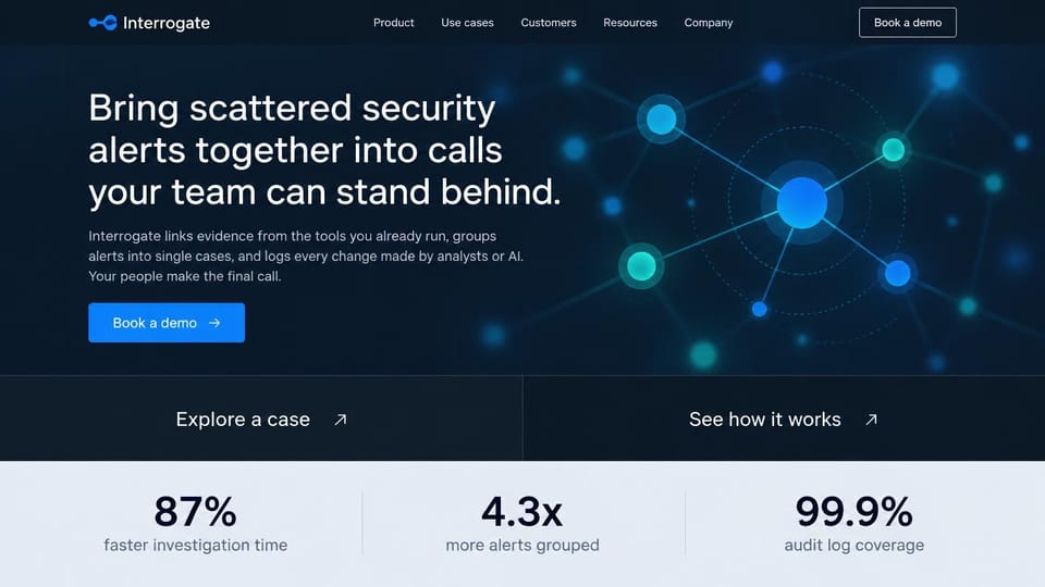 AI startup website design, security alert triage AI with a glowing node network: deep navy page, a large white sans headline, a blue demo button, a network of glowing blue and teal nodes, two split link panels and a pale stats band with big dark numbers