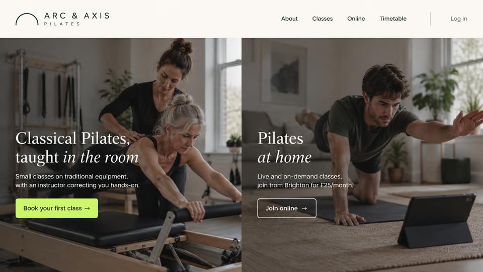 Fitness website design, pilates in the studio and at home: two photo halves, a hands-on reformer class and a woman doing Pilates at home in front of a tablet