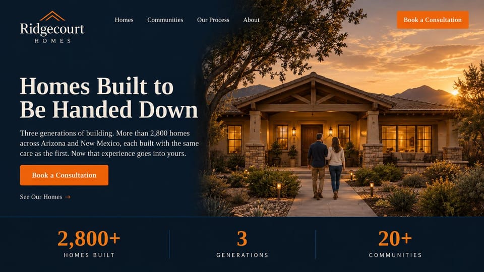 Construction website design, home builder with a stats bar under the hero: midnight navy page, a couple walking up to a stone and timber home lit at sunset, a white serif headline, an orange button and a stats bar