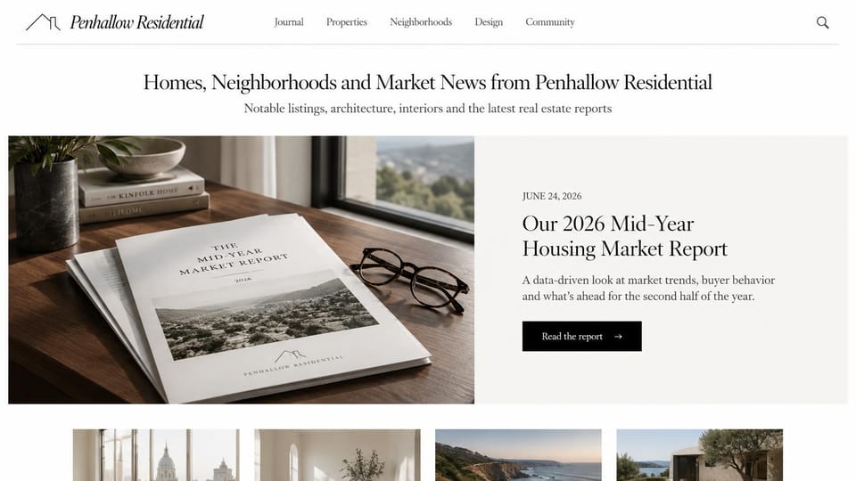 Real estate website design, brokerage that leads with market reports: white page with an italic serif wordmark, a market report on a table and a row of photos below