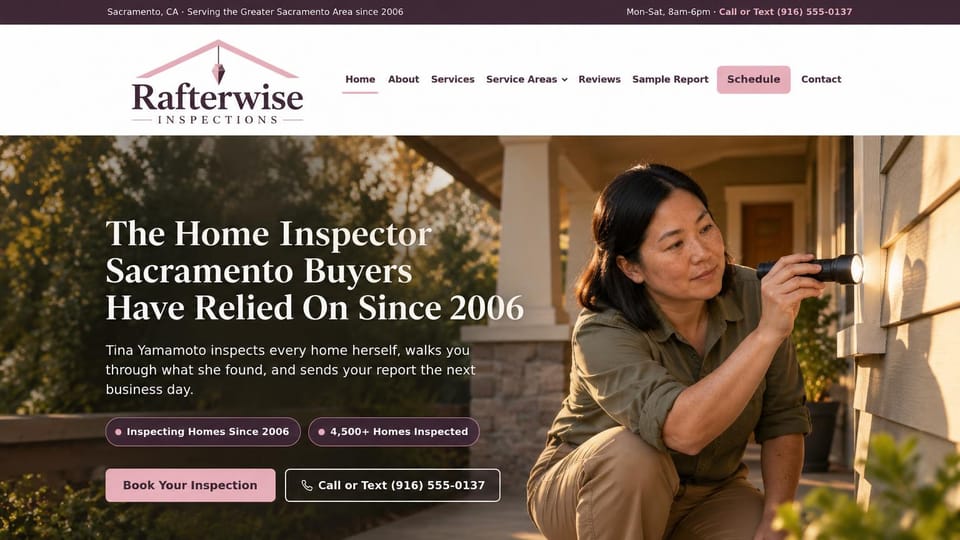 Home inspector website design, owner-inspector who walks you through it: white header with a pink roof logo, golden-hour photo of a woman inspector shining a flashlight on siding, white serif headline, pink and outlined buttons