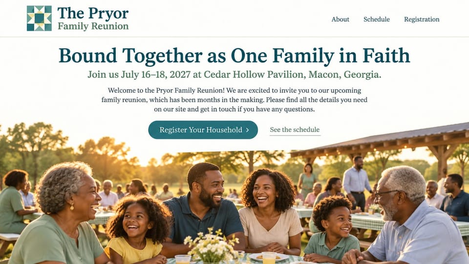 Event website design, faith-centered family reunion with household sign-up: white page with a quilt-block logo, teal serif headline, teal register button above a golden photo of families at picnic tables