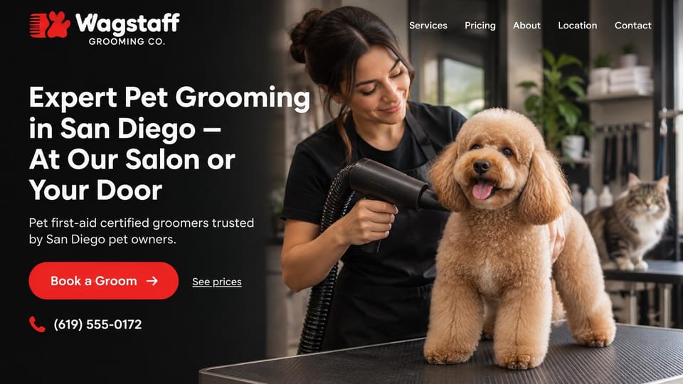 Pet business website design, salon and at-home grooming in black and red: black page, a white headline and red book button on the left, a groomer drying a curly apricot poodle on a table