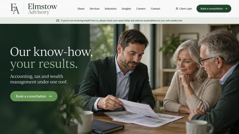 Accounting website design, tax and wealth planning for families and retirees: white menu with a dark green consultation button, a pale green notice bar, a dark green fade over an advisor showing papers to an older couple, a white and sage serif headline, a green consultation button