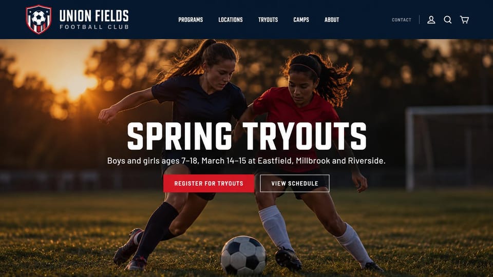 Sports team website design, youth soccer tryouts at sunset: navy header with a red crest, two girls contesting the ball at sunset, a huge centered white headline, a red and an outlined button