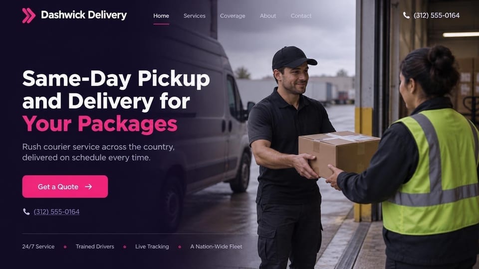 Logistics website design, nationwide rush courier with a trust strip: deep purple overlay fading into a photo of a driver handing a box to a worker in a hi-vis vest at a rainy loading dock, bold white headline ending in pink, pink quote button, a strip of four service points along the bottom