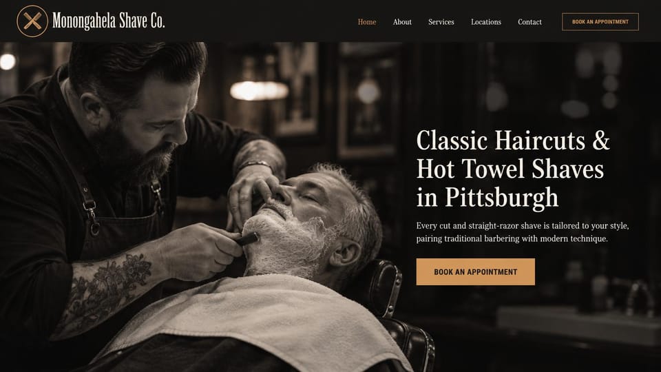 Barbershop website design, hot-towel shave shop in warm sepia: near-black header, a sepia photo of a bearded barber shaving a reclined client, a cream serif headline at right and a tan button