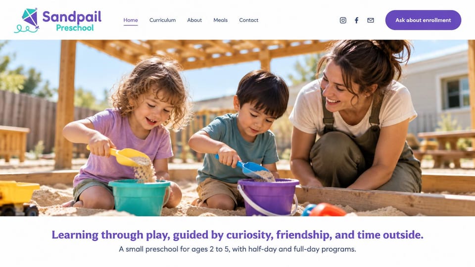 Daycare website design, small preschool with a sandbox photo across the page: white header with a purple pill button, a wide sunny photo of two children filling buckets in a sandbox beside a teacher, a centered purple headline below