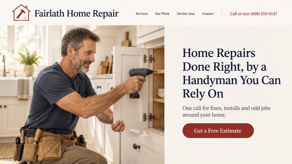 Handyman website design, local handyman with the photo on the left: cream page, a red house and hammer logo, a call or text number in the header, a handyman drilling a cabinet hinge on the left, a large navy serif headline and red estimate button on the right