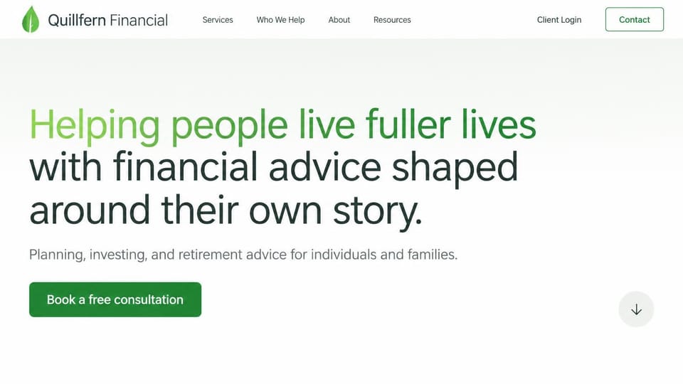 Financial advisor website design, financial advice with a big green headline and no photo: white page with no photo, huge sans headline with a green gradient first line and a green button