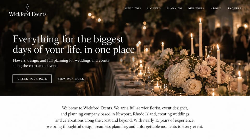 Event planner website design, florist, designer and planner in one, dark and candlelit: dark candlelit garden reception with roses and tapers, a white serif headline, an outlined date button and a white welcome section
