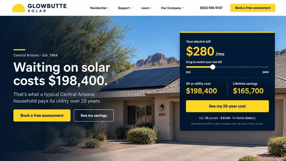 Solar website design, desert home solar with a bill slider: white menu with a yellow assessment button, a desert home with rooftop panels and red rocks behind, a white headline over a navy shade, a navy calculator card with a yellow slider and large yellow figures