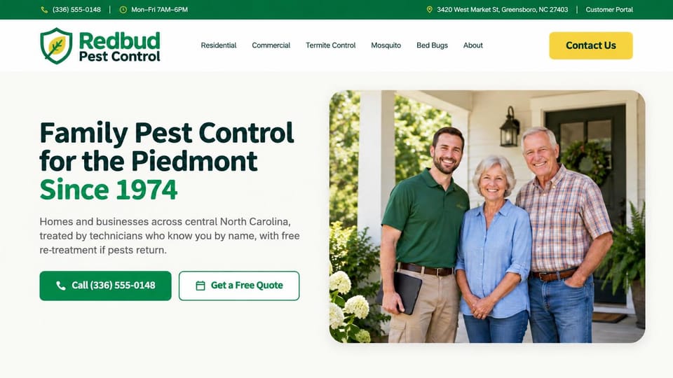 Pest control website design, family-owned pest control for homes and businesses: white page, a green top bar, a dark headline with a green line, a technician in a green polo with an older couple at their front door, a green call button